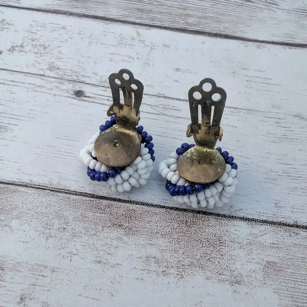 Vintage Clip On Earrings Beaded Wrap White & Blue